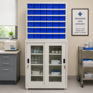 pharmacy rack with storage cabinet